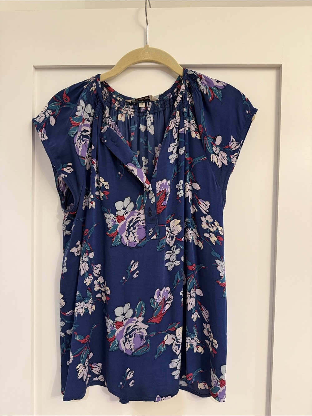 Tucker Navy Floral Short-Sleeve Blouse with Lavender Accents